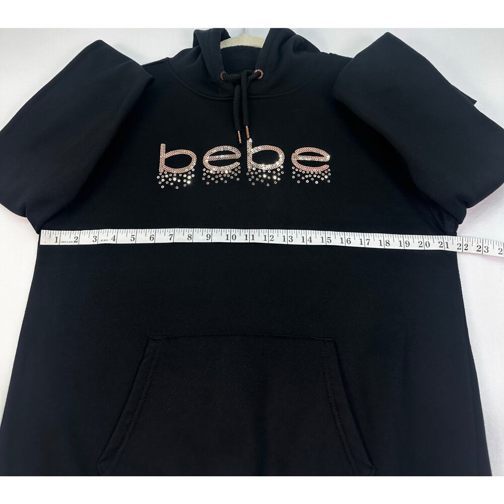 Bebe Sport Y2K Black Hoodie Rose Gold Sequin Logo Thumbhole Women’s Size L - Picture 9 of 11